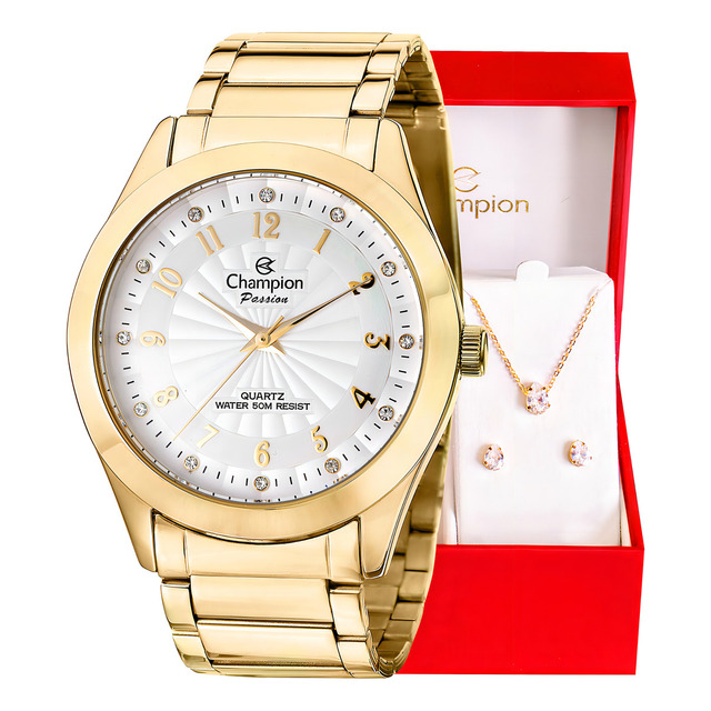 Relógio Champion Feminino Dourado Cn29409d + Colar E Brincos Cor Da Correia Dourado Cor Do... Relógio Champion Feminino Dourado Cn29409d + Colar E Brincos Cor Da Correia Dourado Cor Do...