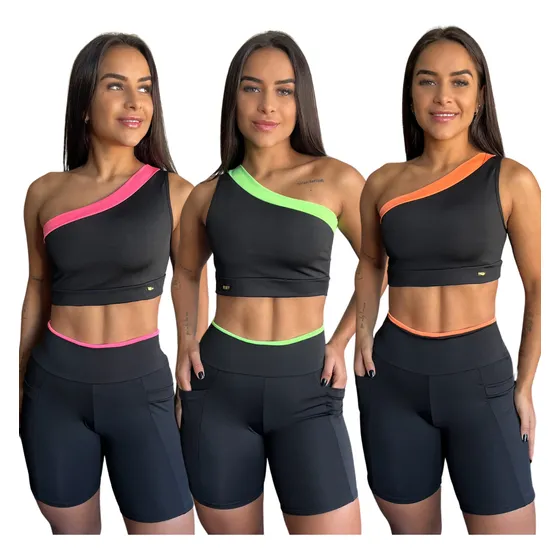 Kit 3 Conjunto Fitness Top Um Ombro Só E Short Treino Malhar