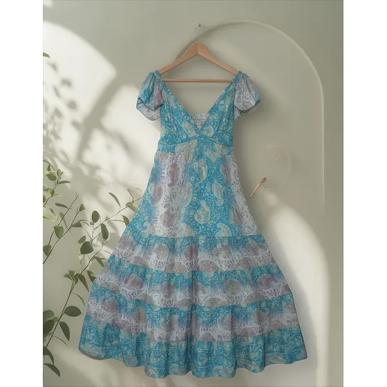 Vestido De Verano Largo Seda Hindú Con Accesorio