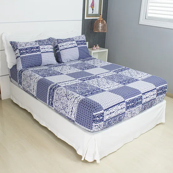 Jogo De Lençol Cama Casal Size 3 Peças Box Estampado Com Elástico Malha 100% Algodão Cozzilar Toque Macio Hotel Pousada Modelo 10