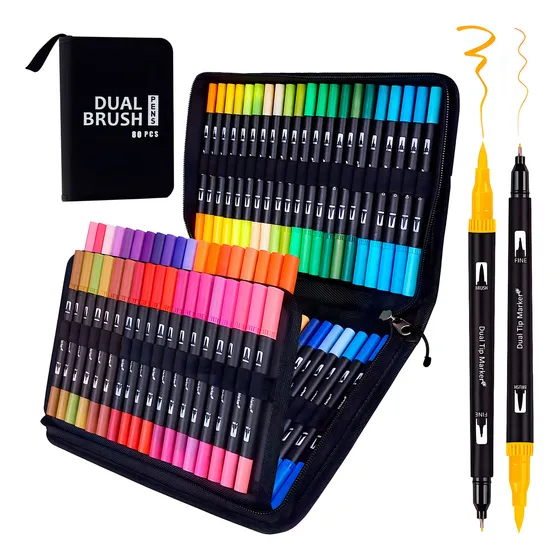 Set 80 Marcadores Con Doble Punta: Fina Y Pincel + Estuche