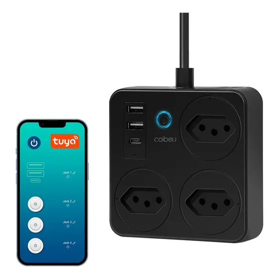 Extensões Inteligente Wifi Tuya 3 Tomadas 2usb 1pd Cor Preto 127/220v