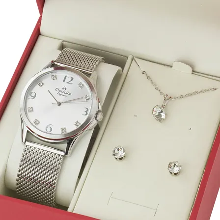 Relógio Feminino Champion Original Prata Colar E Brincos Cor Do Fundo Prateado Pulseira Esteira