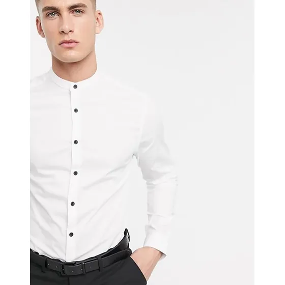 Camisa Cuello Mao Slim Fit Algodon De Caballero A La Moda