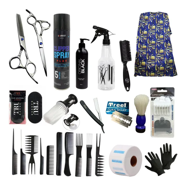 Kit Combo Barberia Peluquería Tijeras Capa Rociador Navaja  