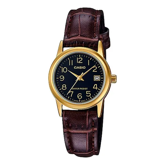 Casio LTP-V002GL-1BUDF Relogio Feminino Dourado Couro Marrom Fundo Preto