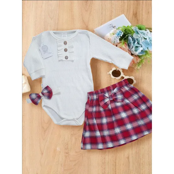 Conjunto De Bebé Body Manga Larga Y Falda Cuadro Ref. Ve25