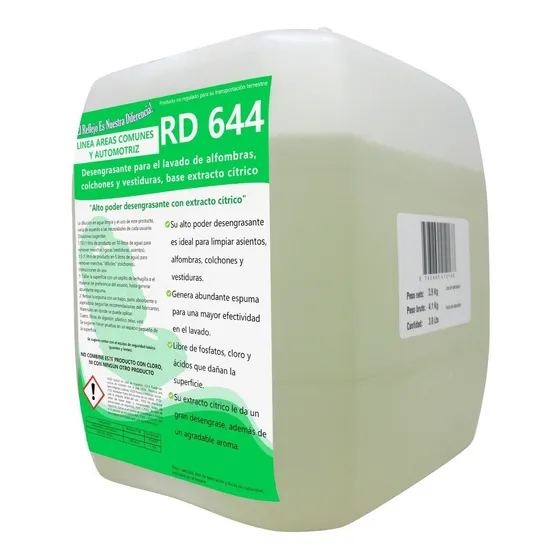 Detergente Limpia Tapicería Asientos Vestiduras Colchones Y Tela El Reflejo Es Nuestra Diferencia Rd 644 Línea Automotriz Base Cítrico Fácil Enjuague Galón 3.8 Lts 1 Pieza