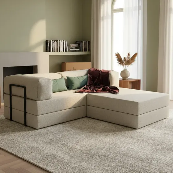 Sofá-cama Casal 2 Em 1 Nude/bege Com Puff E Chaise Dobrável Que Vira Colchão Extra Industrial Modelo: Sofa Buble Com Chaise