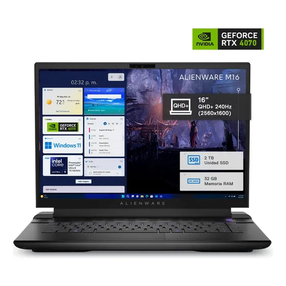 Dell Laptop Alienware AM16 R2, NVIDIA GeForce RTX 4070 (8GB), 16" QHD+ Ultra9-185H (16Cores), 32GB 2TB SSD, Color Negro