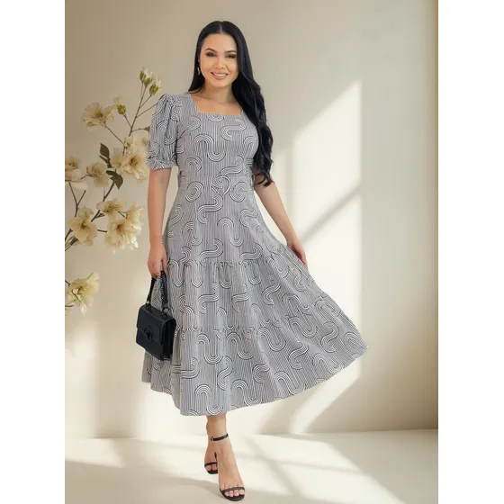 Vestido Moda Evangélica Estampado Com Cinto Detalhe 2 Marias