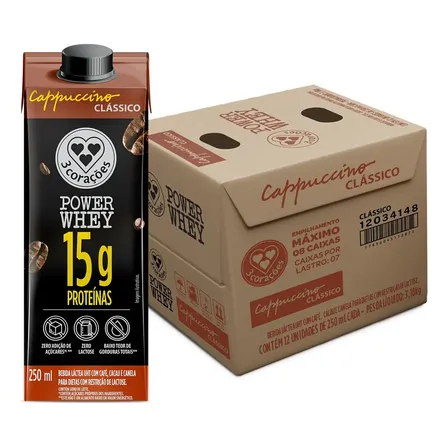 Kit Cappuccino Classico Power Whey 12 unidades com 250ml cada uno 3 Corações