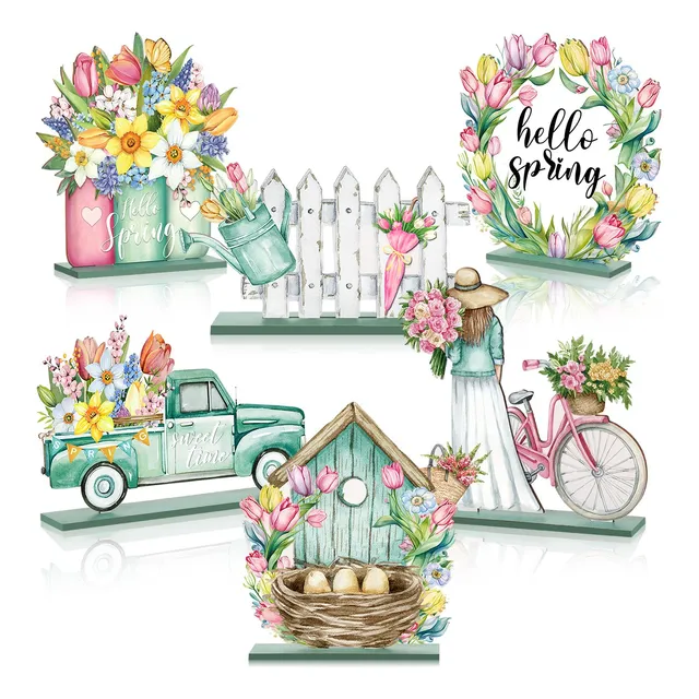 6 Pieza Decoracion Mesa Madera Texto Ingl «hello Spring»