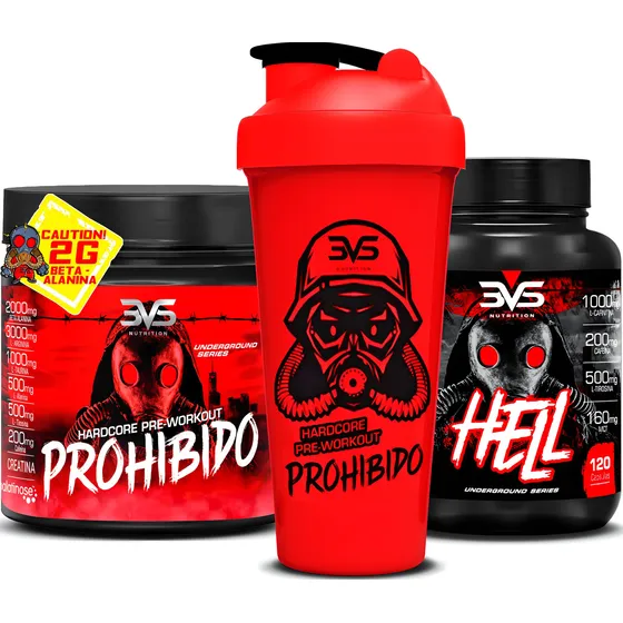 Combo Pré Treino Prohibido 180g Sabor: Maçâ Verde mais Termogênico Hell mais Coqueteleira 3VS Nutrition