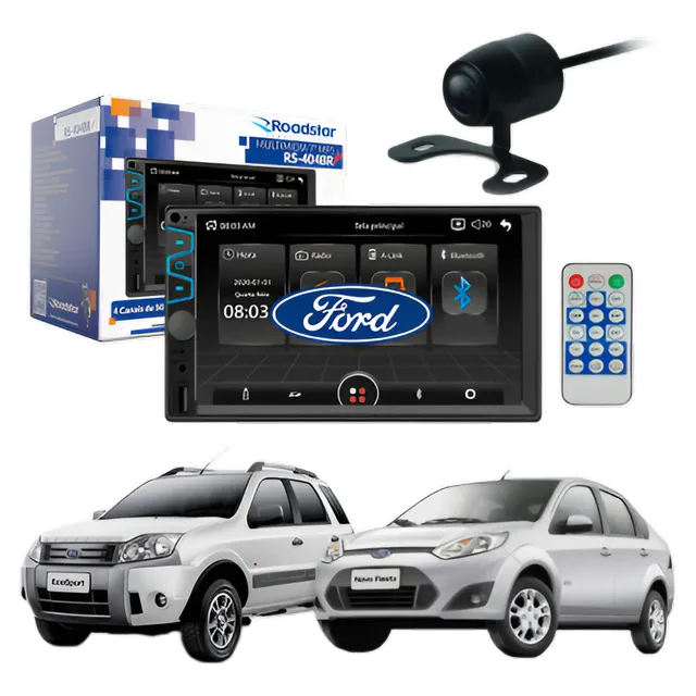 Kit Multimídia Roadstar Fiesta Ecosport Camera De Ré Moldura