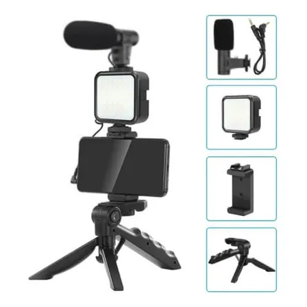 Kit De Grabación Con Micrófono Luz Led Y Soporte Tripode Color Negro