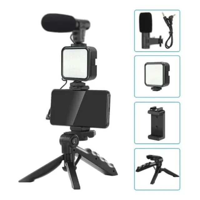 Kit De Grabación Con Micrófono Luz Led Y Soporte Tripode Color Negro
