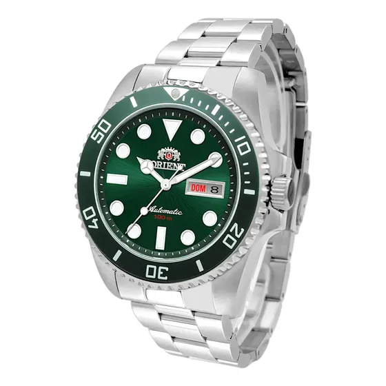 Relógio Orient Automático Submariner Masculino Aço Inoxidável Prata Visor Verde F49SS027