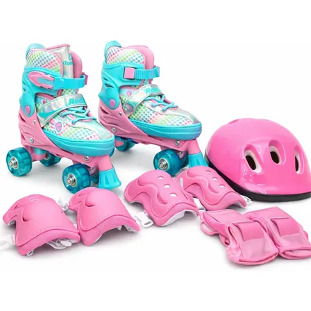 Roller Patins Infantil Rosa 4 Rodas + Kit Proteção Adulto 36-39 Ajustável Rosa/azul Celeste