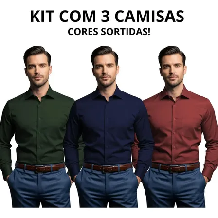 Kit 3 Camisa Social Masculina Manga Longa Promoção Cores Sortidas G