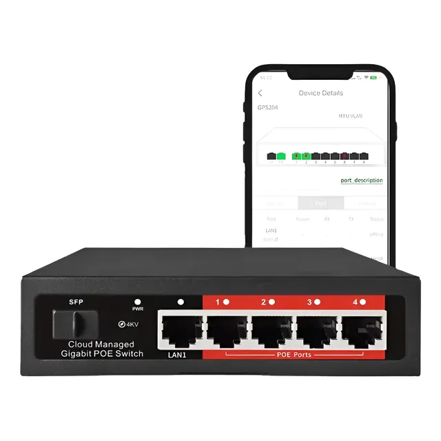 Switch Poe Giga 5 Ports + Sfp Administrable Desde App Y Web