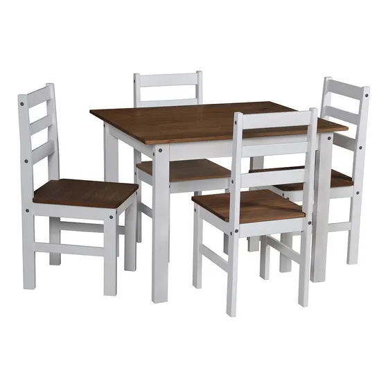 Juego De Comedor Mesa + 4 Sillas Madera Blanco Castaño Diseño Liso