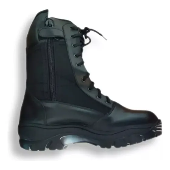 Botas Negras Tácticas En Cuero Y Lona Con Cierre De Campaña 
