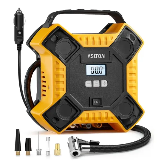 Compressor de ar portátil para pneus AstroAI 160PSI CC (sem CA),cabo de 3 m com estrutura metálica integrada,bomba de ar com luz LED para pneus de carro,bicicletas,motocicletas e outros infláveis