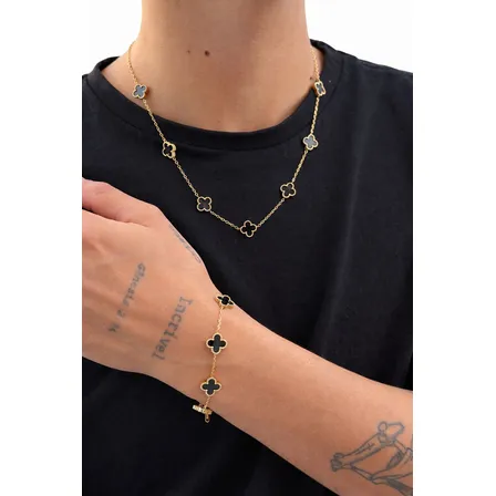 Conjunto Trevo Preto Neymar Virginia Banhado A Ouro Unissex Dourado