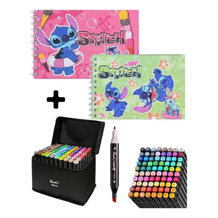 2 Livros De Colorir Capa Dura Stitch + 80 Canetinhas Bobbie