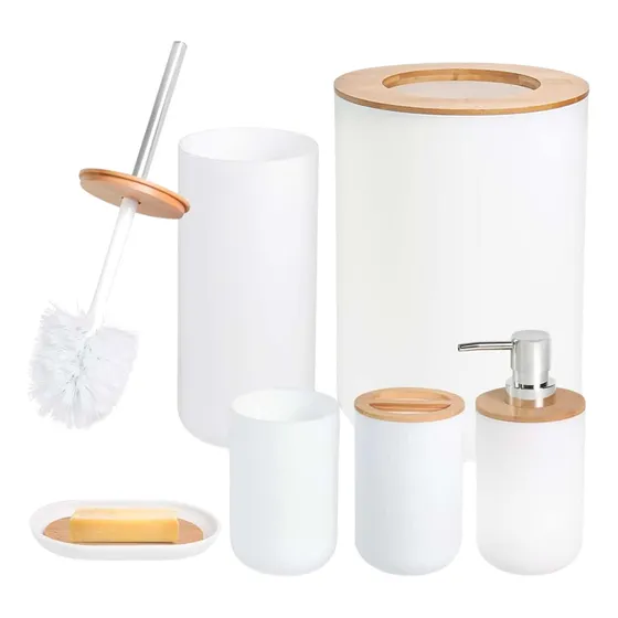 Conjunto Acessórios Kit Completo Para Banheiro C/ Lixeira Saboneteira Escova Sanitaria 6 Peças Cor Sortida Preto e Branco e Tampa Bambu