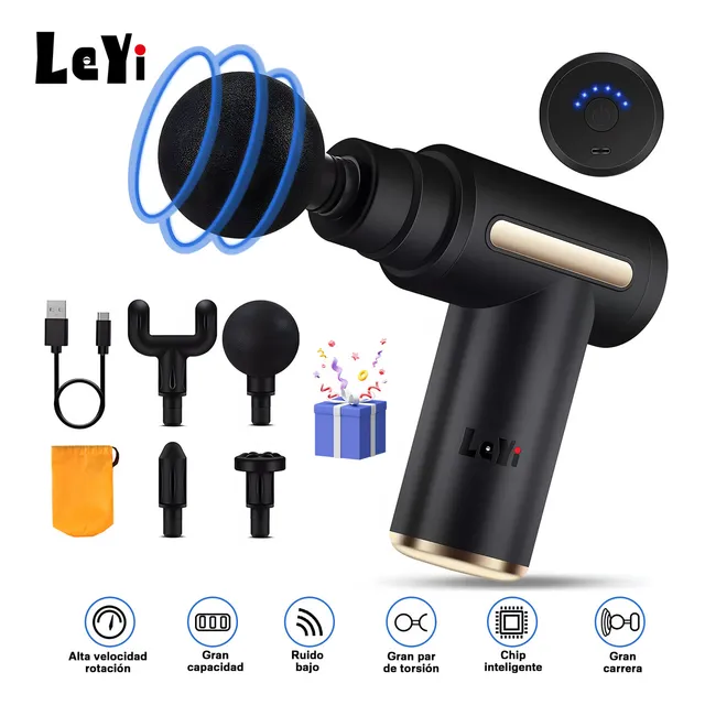 Leyi®muscular Masajeador Inalámbrico: Pistola Eléctrica Con 4 Cabezales Intercambiables, 6 Velocidades, Bolsa De Transporte Y Aceite Aromático. Perfecta Para Relajar Hombros Y Espalda.