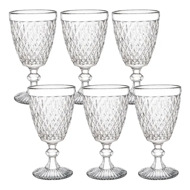 6 Copas Vino Tinto Blanco Vidrio Cortado Cristal Diamante