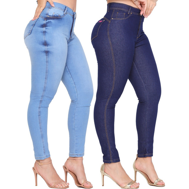 Kit 2 Calça Jeans Feminina Cintura Alta Com Lycra Kit 2 Calça Jeans Feminina Cintura Alta Com Lycra
