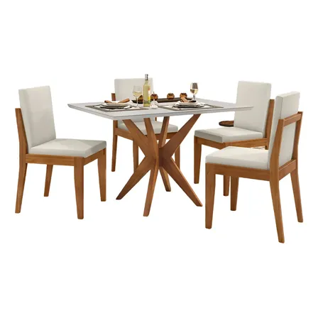 Conjunto Mesa Donna Com 4 Cadeiras Lady Nesher Cor Mel Natural/off White Desenho Do Tecido Das Cadeiras Liso
