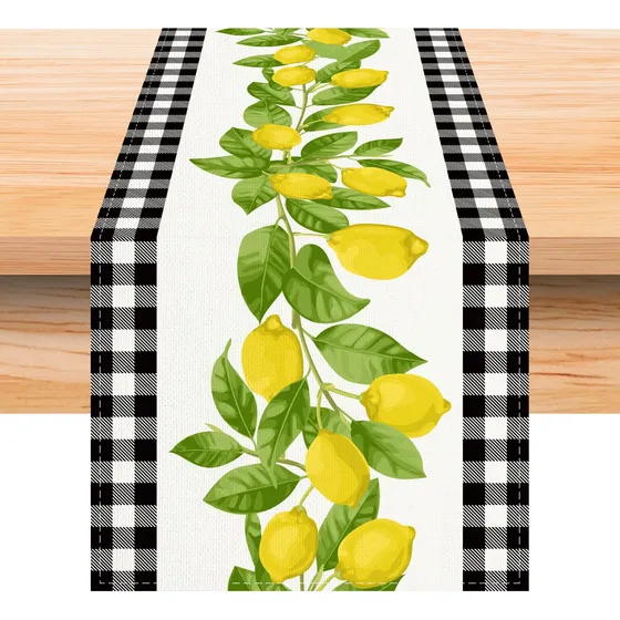 Camino Mesa Lino Blanco Negro Cuadro Limon 72  Largo Estilo