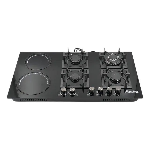 Parrilla Hibrida 6 Quemadores Gas/eléctrica Maxims Gc9007gb. Parrilla De Cristal Templado Empotrable, Perillas De Metal, Encendido Eléctrico, Parrillas De Hierro Fundido. 110v