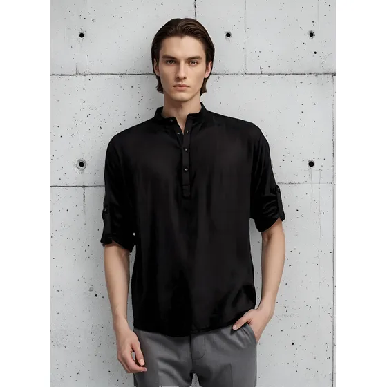 Camisa Hombre Stone Cuello Mao Martingala Manga Larga