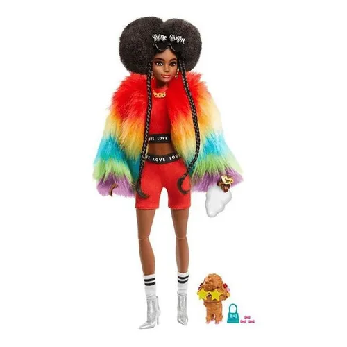 Boneca Barbie Extra Fashion Morena Afro Casaco Arco Iris Pet