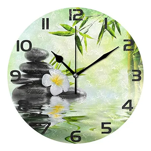Reloj Pared Redondo Piedra Zen Flor Silencioso Tictac Al