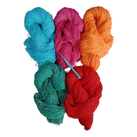 Pack 5 Madejas Hilo Fino 8/3 Liso + Aguja Crochet