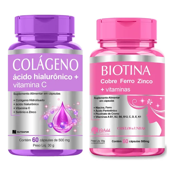 Kit Pele Cabelos E Unhas: Colágeno + Hialu + Biotina 120 Cps Sabor Sem Sabor