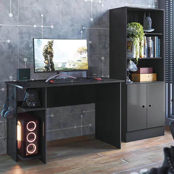 Kit Mesa Computador Gamer 3875 E Armario 2 Portas 4095 Cor Preto Fosco