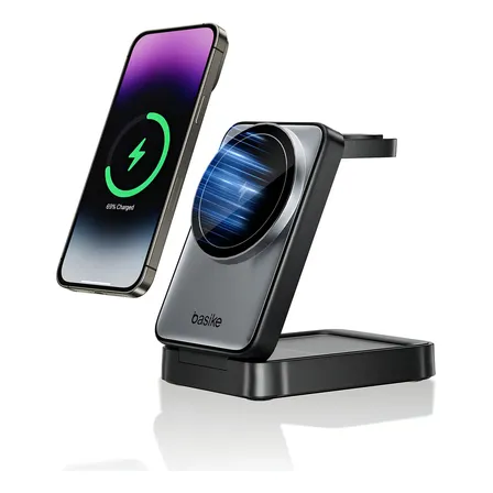 Carregador Indução Sem Fio 3em1 Basike Magsafe iPhone 17 16 15 14 Apple Watch AirPods Dobrável
