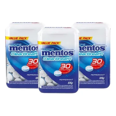 Kit 3 Pastilha Mentos Clear Breath Zero Açucar Peppermint 105g