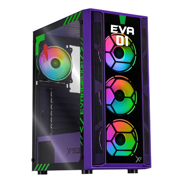 Gabinete Gamer Xtreme Pc Gaming Eva 01 Comic Edition Media Torre Atx 4 Fan Argb Cristal Templado Violeta