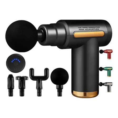 Massageador Pistola Muscular Profissional 6 Velocidades 4 Ponteiras Alívio Dores Relaxamento Bivolt Recarregável Yin Yang Produtos Para Acupuntura Preto