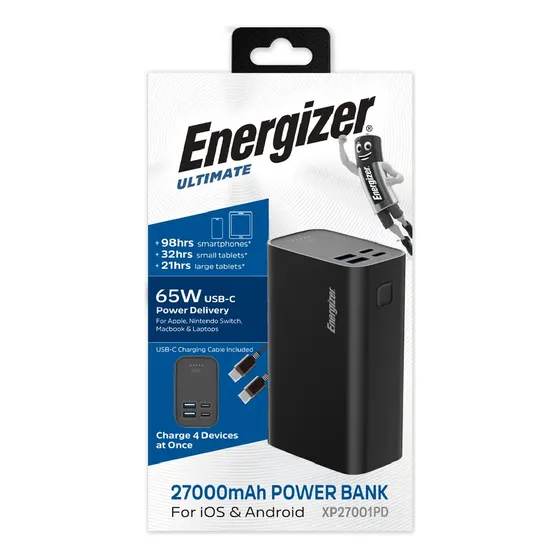 Power Bank Energizer Ultimate Cargador Portatil Powerbank 27000mah Led Carga Super Rapida 65w Color Negro