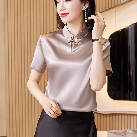 Camisa China Con Hebilla China De Manga Corta Y Corte Ajusta