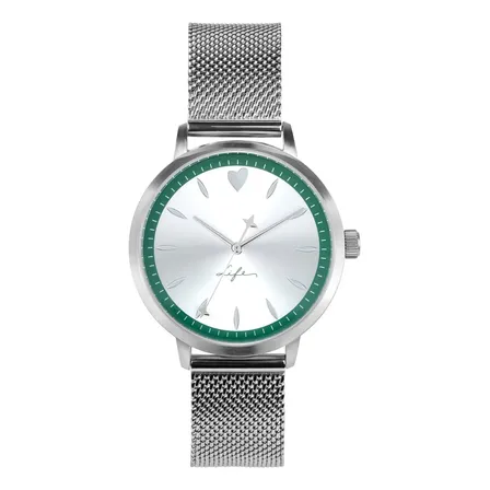 Relógio Life Lovely Feminino Aço Pulseira Couro Verde Prateado 3.6cm